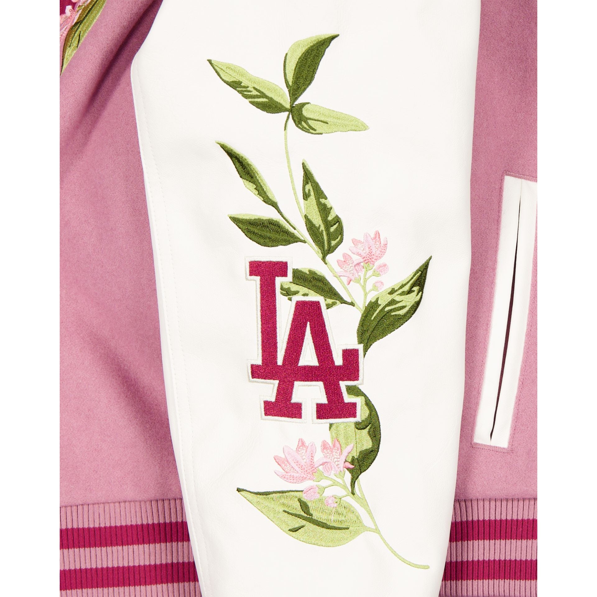 Los Angeles Dodgers Women's Cosmetic Pink Floral Varsity Jacket - Image 3
